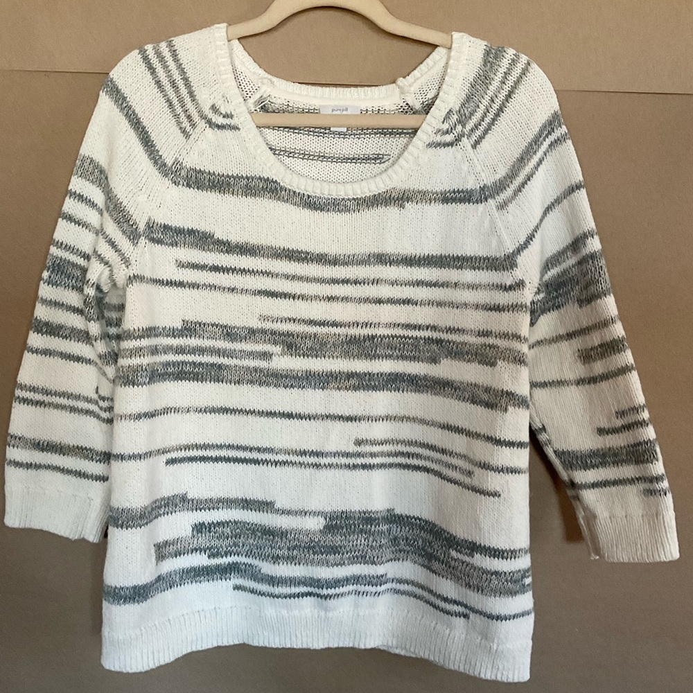 PureJill Striped Women's Sweater - White and Olive Green. Size XS 3/4 sleeve.